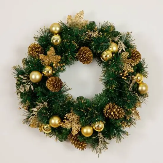 24in. Pre-Lit Artificial Golden Frosted Christmas Wreath with 50 Warm White LED Lights Pinecones, Berries and Ornaments {6}