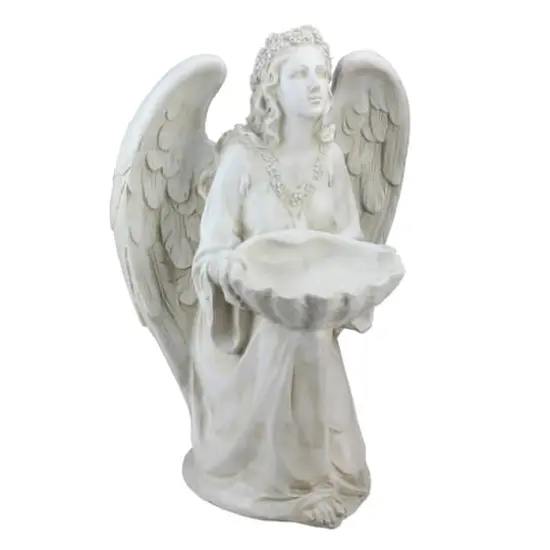 19.75" White Kneeling Angel Holding Shell Outdoor Garden Statue Bird Feeder {1}