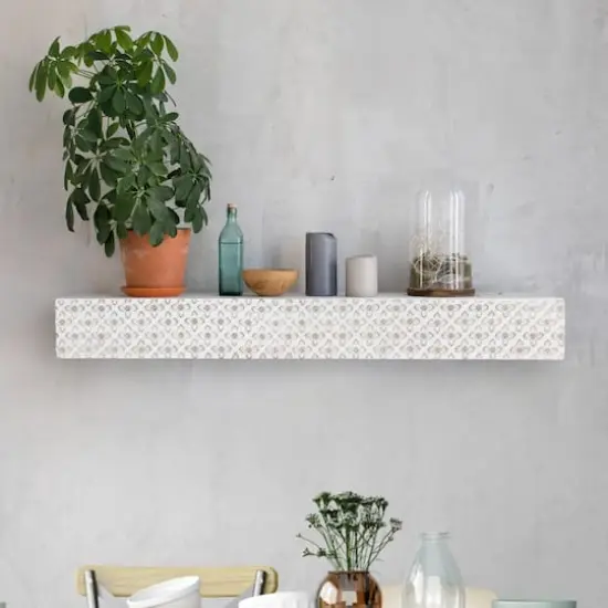 Small White Rustic Embossed Wood Floating Wall Shelf {3}