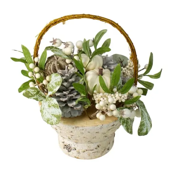 13" Green & Gold Artificial Pumpkin & Leaf Basket Arrangement {5}