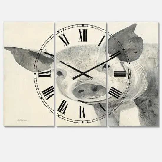 Designart 'Piglet Farmhouse Animal In Black And White Farmhouse Multipanel Wall Clock {1}