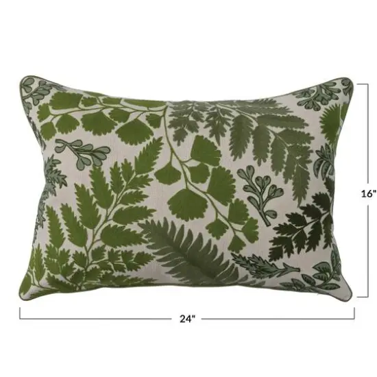 Hello Honey&reg; Green and White Cotton Embroidered Lumbar Pillow Cover with Botanicals {1}