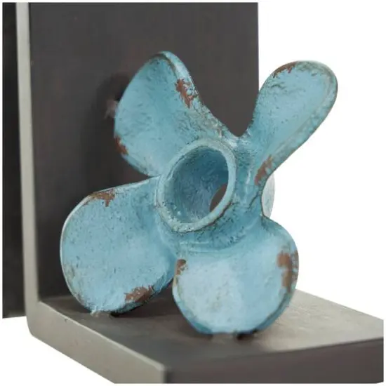 6.5" Teal Metal Boat Distressed Propeller Bookends with Brown L-Shaped Stands {8}