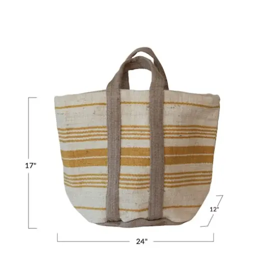 Hello Honey&reg; 24" Cream & Yellow Stripe Jute & Cotton Tote Bag Handles {4}