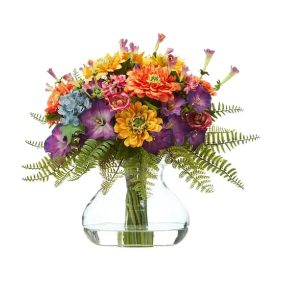 11" Mixed Flowers Artificial Arrangement in Glass Vase {1}