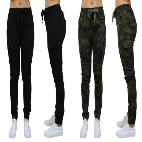 Galaxy By Harvic Loose Fit Cotton Stretch Twill Women's Cargo Joggers 2 Pack Black/Camouflage {1}