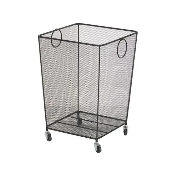 24" Black Metal Square Mesh Wire Rolling Laundry Storage Cart with Ring Handles {1}