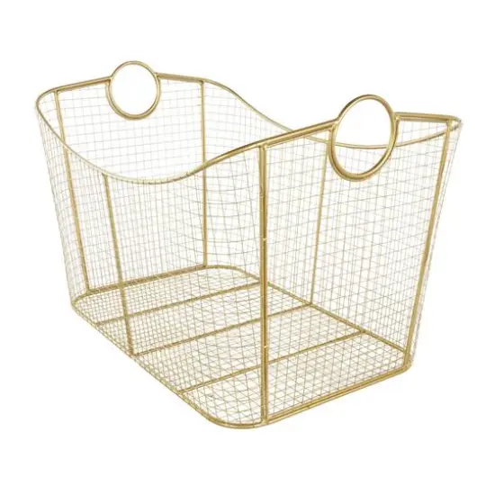 30.25" Gold Metal Geometric Wire Grid Basket with Curved Sides & Ring Handles {3}