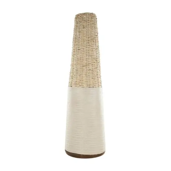 Light Brown Rattan Handmade Woven Vase with Beige Metal Base {4}