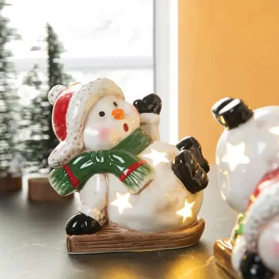 Glitzhome&reg; Lighted Ceramic Snowman Table D&eacute;cor Set {5}