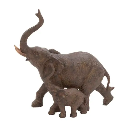 11" Brown Eclectic Polystone Elephants Sculpture {1}