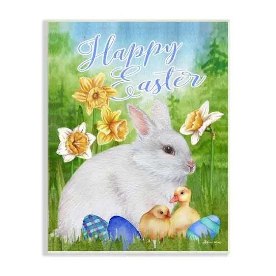 Stupell Industries Happy Easter Spring Bunny Rabbit Phrase Baby Chicks Wall Plaque Art {1}