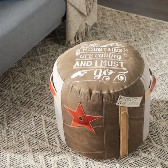 Brown Canvas and Leather Rustic Pouf, 19" x 17" x 17" {10}