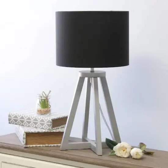 Simple Designs 19" Interlocked Triangular Natural Wood Table Lamp with Black Shade Gray and Black {5}
