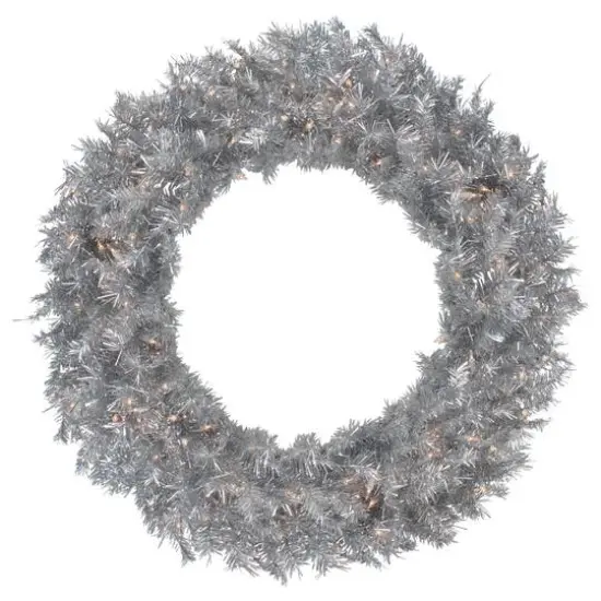 36" Pre-Lit Silver Tinsel Artificial Christmas Wreath {1}