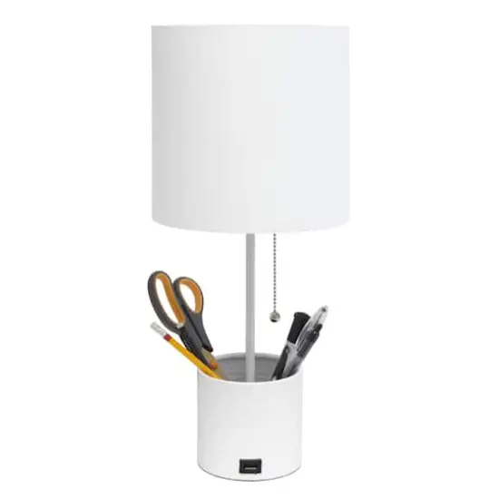 Simple Designs 18.5" Hammered Metal Container Base Table Lamp with USB Charging Port White {8}