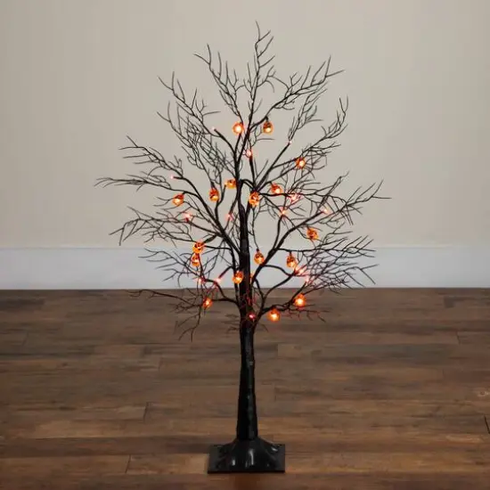 3ft. Pre-Lit Artificial Halloween Black Twig Tree with 18 Orange LED Pumpkin Shaped Lights {11}