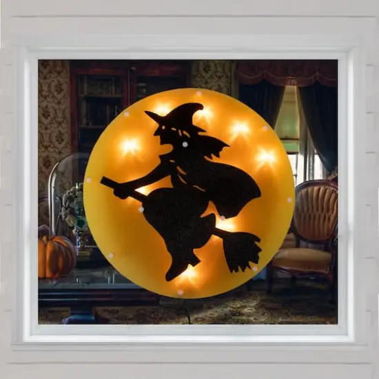 13.75" Lighted Witch on Broomstick Halloween Window Silhouette {3}