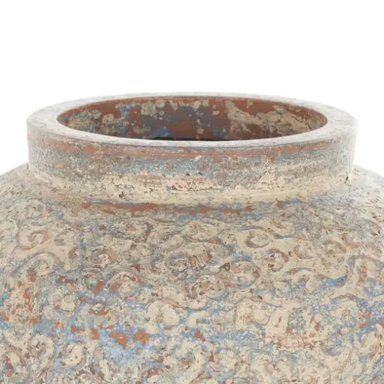 Beige, Blue & Copper Antique Ceramic Scroll Handmade Decorative Vase {6}