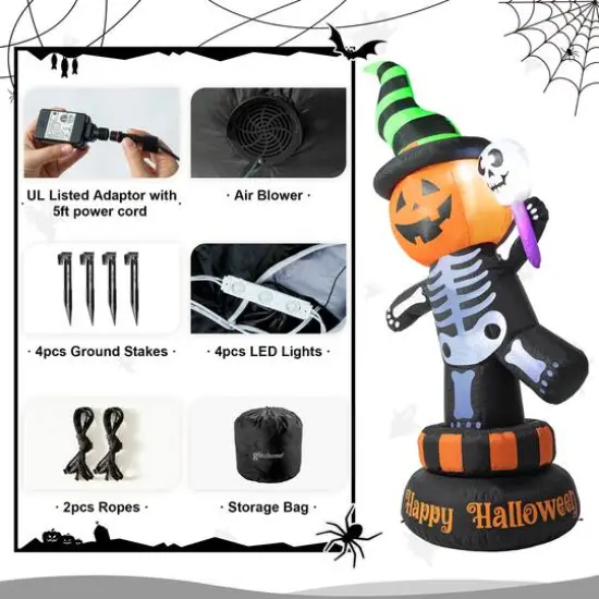 Glitzhome® 6ft. Lighted Halloween Jack-O'-Lantern Skeleton Rotating Inflatable Décor {7}