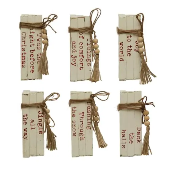 Hello Honey&reg; 8.5" White & Red 6-Piece Wood Block Faux Books with Holiday Saying, Wood Beads & Jute Tie {3}