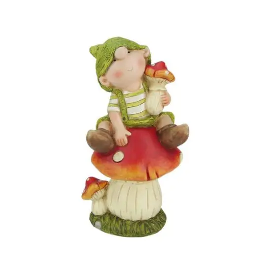 11" Young Boy Gnome Sitting on a Mushroom Spring Outdoor Garden Figure {1}