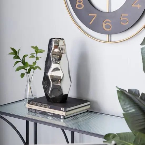 Silver Aluminum Contemporary Vase, 15" x 7" x 7" {8}