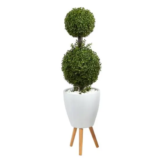 4ft. Double Boxwood Topiary Tree in White Planter with Stand {1}