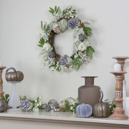 20" White Pumpkin, Berries & Leaves Twig Wreath {3}