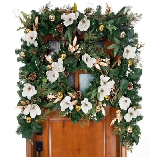 30" Pre-Lit White & Gold Magnolia Christmas Wreath {4}