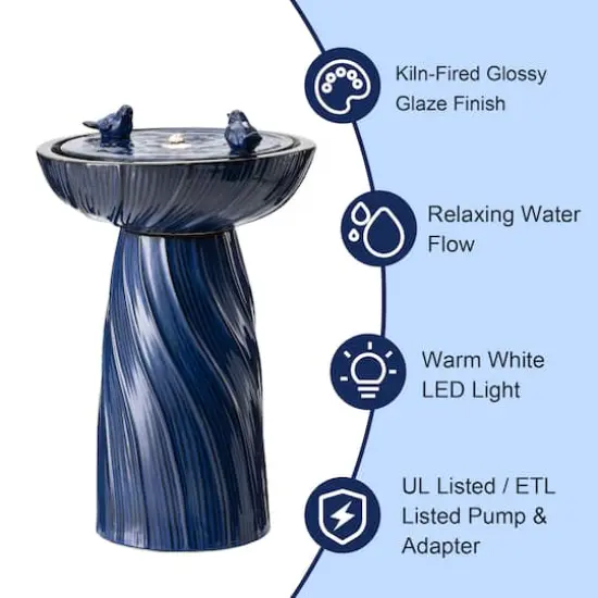 Glitzhome&reg; 24.75" LED Cobalt Blue Twist Ceramic Birdbath Outdoor Floor Fountain {4}