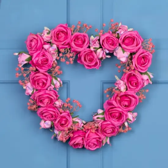 16" Pink Blooming Rose Buds Artificial Heart Shaped Valentine's Day Wreath {3}