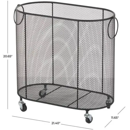 21" Metal Oval Mesh Wire Rolling Laundry Storage Cart with Ring Handles Black {8}