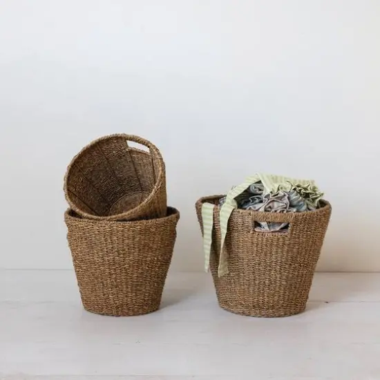 Hello Honey&reg; Natural Round Decorative Handwoven Seagrass Cone Basket Set with Handles {3}