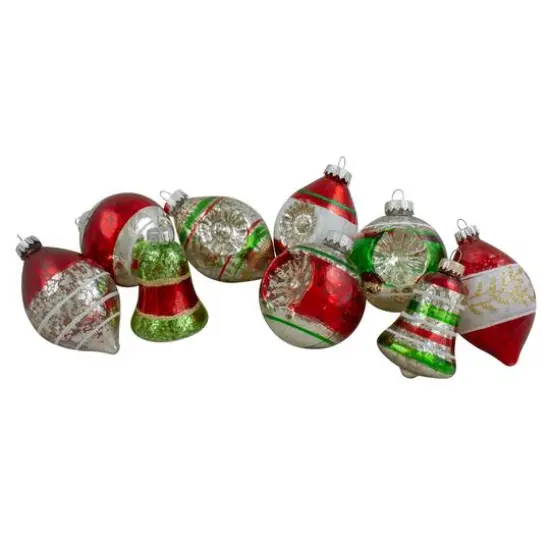 9ct. 3.25" 2-Finish Silver, Red & Green Glass Ornaments {1}