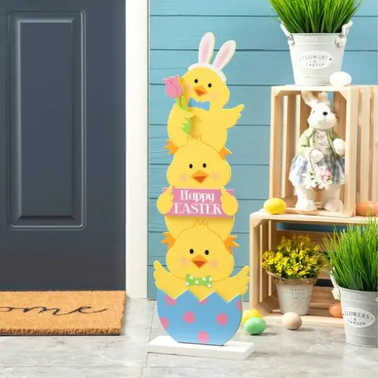 Glitzhome&reg; 30" Easter Wooden Stacked Chicks Porch Decor {3}