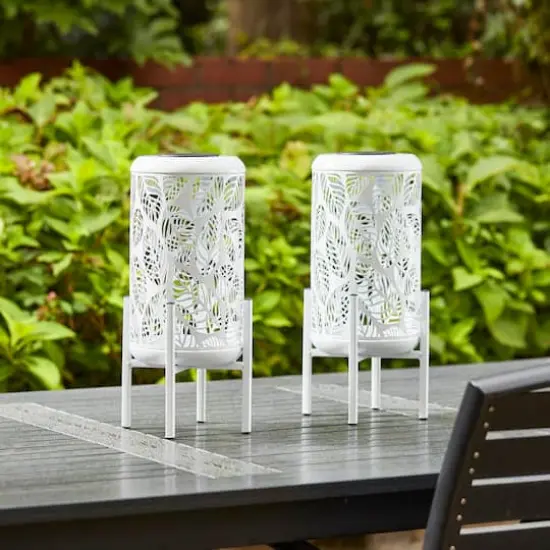 Glitzhome&reg; 14.25" White Metal Cutout Leaves Pattern Solar Powered LED Outdoor Lanterns, 2ct. {3}