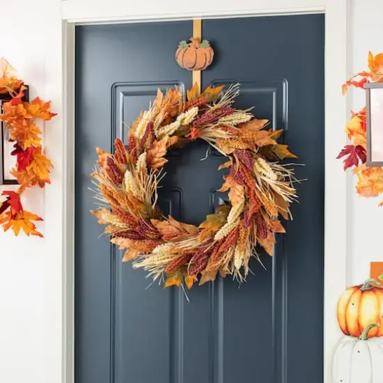 Glitzhome® 24" Fall Sorghum Wreath Includes a Black Metal Wreath Hanger {4}
