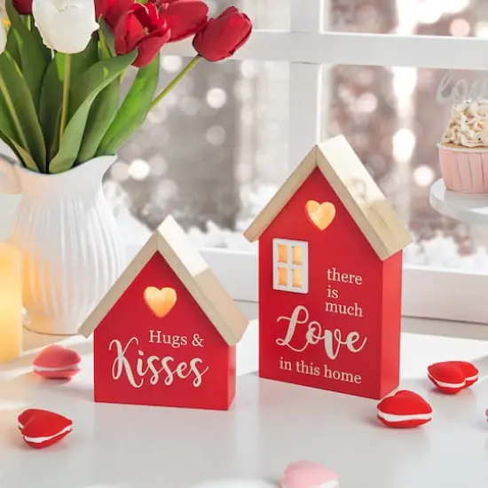 Glitzhome&reg; Lighted Valentine's Wooden House Table D&eacute;cor Set {3}