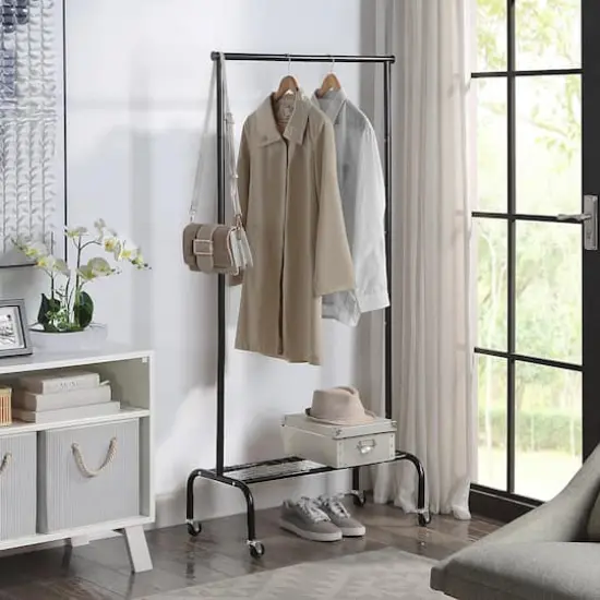 SunnyPoint Rolling Garment Rack with 1-Tier Lower Shelf Black {5}