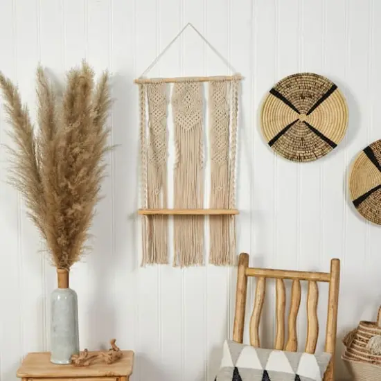 2.5ft. x 1.5ft. Layered Macrame Wall Hanging with Wooden Shelf {4}