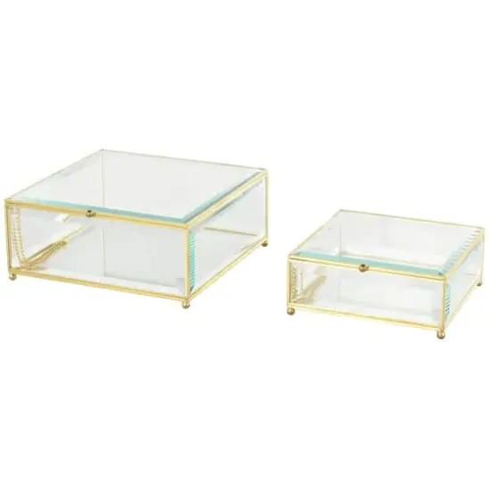 Clear & Gold Beveled Glass & Metal Square Footed Jewelry Box with Chain Accent Set {1}