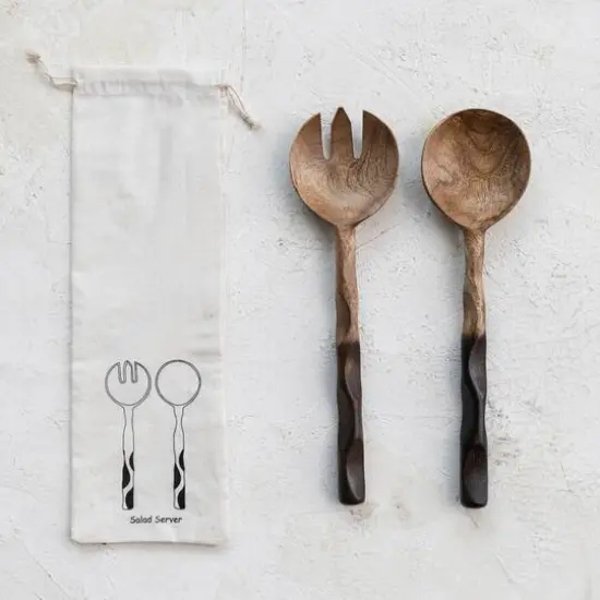 Hello Honey&reg; Natural & Espresso Mango Wood Salad Server Set with Drawstring Bag {3}