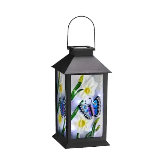 Glitzhome&reg; 11" Glass with Butterfly & Flower Pattern Solar Powered Hanging Lantern {1}