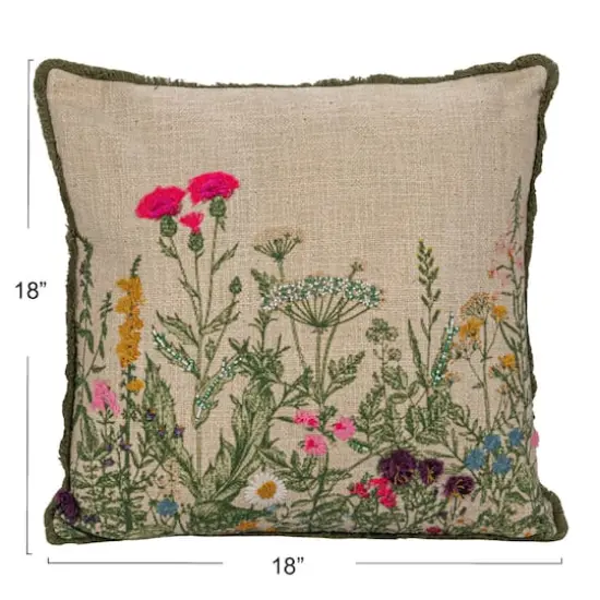 Hello Honey&reg; 18" Multicolor Flower Embroidery, Beads & Lace Trim Cotton Slub Pillow {5}