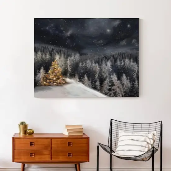 Lit Tree Winter Landscape Canvas Wall Art {5}