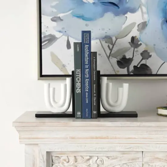 7" White MDF Abstract Layered U-Shaped Bookends with Black Stands Set {3}