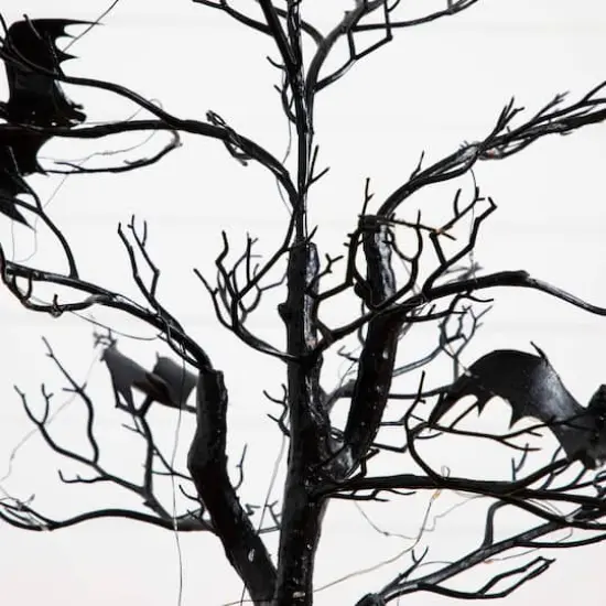 4ft. Pre-Lit Artificial Halloween Black Spooky Twig Tree with Bats and 120 Orange & Purple LED Lights {5}