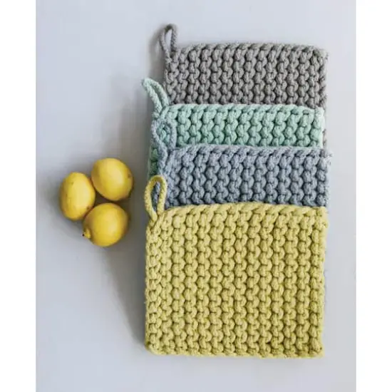 Hello Honey&reg; 8" Blue, Gray, Yellow & Green Square Cotton Crocheted Pot Holder Set {3}