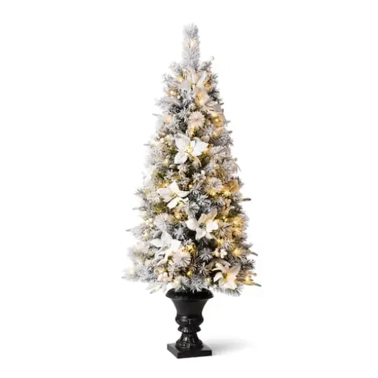 5ft. Pre-Lit Flocked Pine Artificial Christmas Tree in Planter, Warm White LED Lights {1}